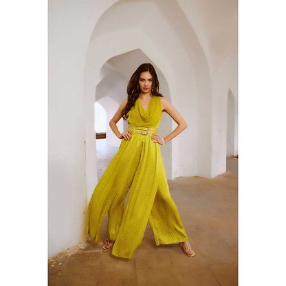 PALLAVI JAIPUR Gulbahar Lemon Green Cowl Jumpsuit With Belt (Set of 2)