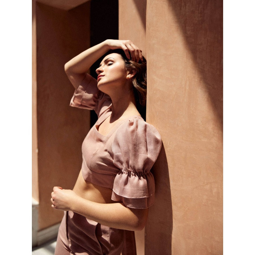 Palak Khandelwal Pink Linen Puff Sleeves Co-Ord (Set of 2)
