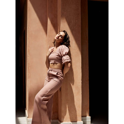 Palak Khandelwal Pink Linen Puff Sleeves Co-Ord (Set of 2)