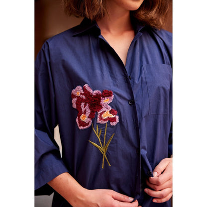 Palak Khandelwal Navy Blue Long Shirt with Flower Patches