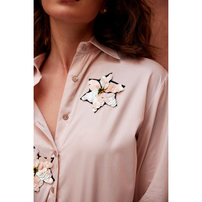 Palak Khandelwal Pink Shirt with Chrome Sequin Flower Patch
