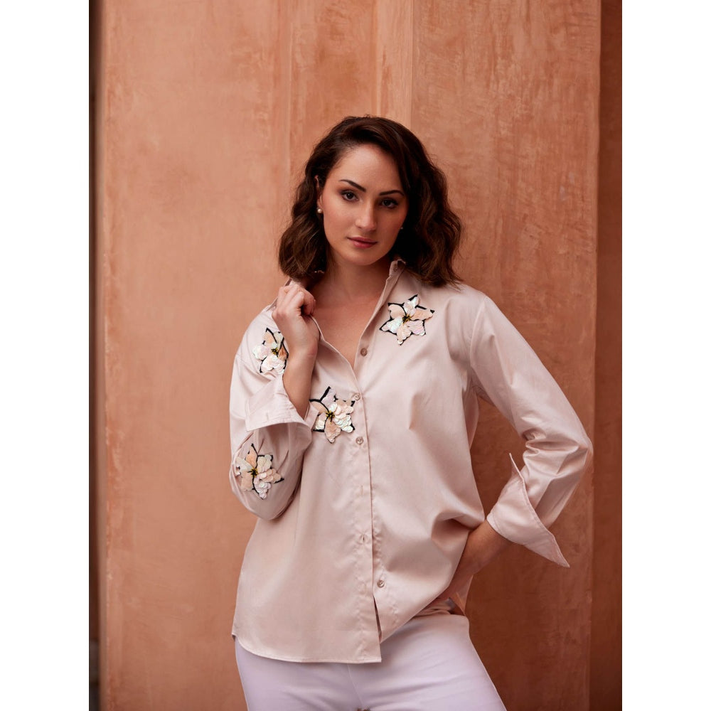 Palak Khandelwal Pink Shirt with Chrome Sequin Flower Patch