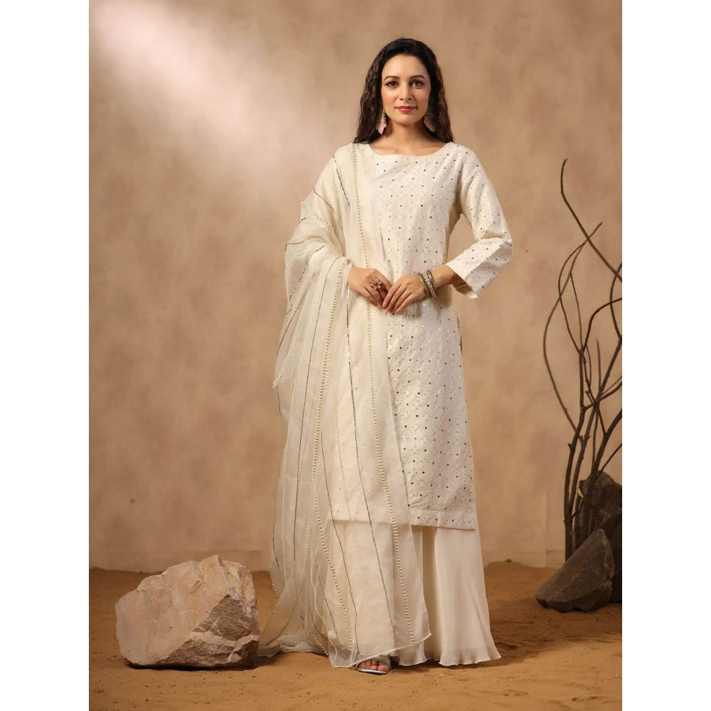 Palak Khandelwal White Kurta with Sharara and Hand Embroidered Dupatta (Set of 3)