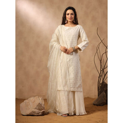 Palak Khandelwal White Kurta with Sharara and Hand Embroidered Dupatta (Set of 3)