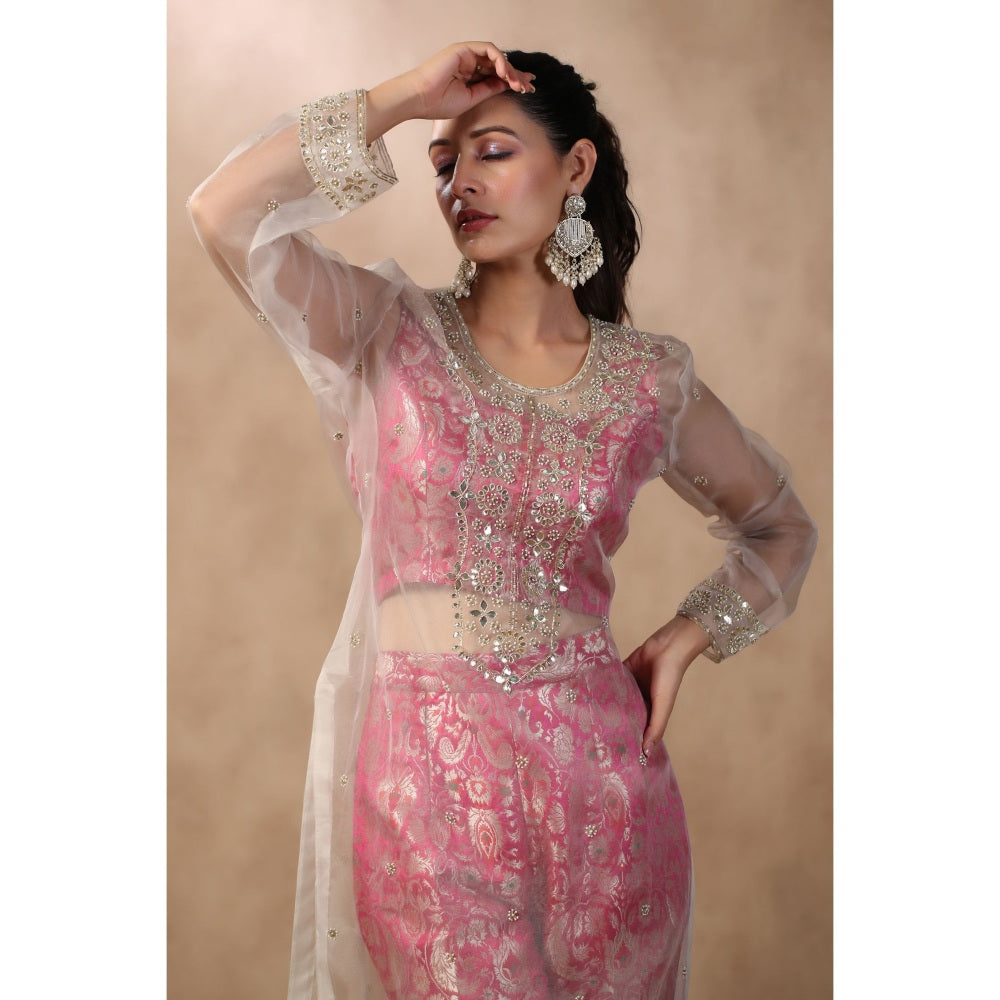 Palak Khandelwal Ivory Embroidered Kurta with Crop Top and Pants (Set of 3)