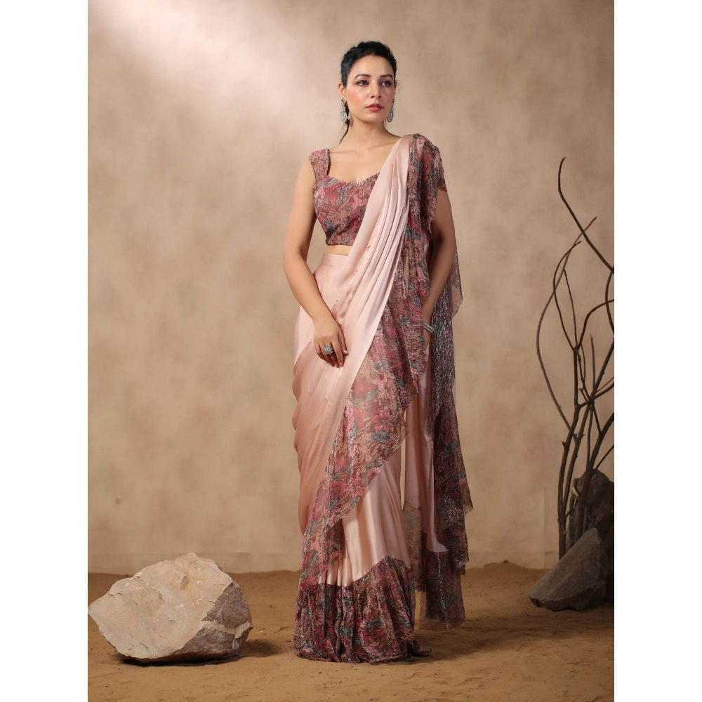 Palak Khandelwal Pink Printed Ruffles Pre Draped Saree with Stitched Blouse