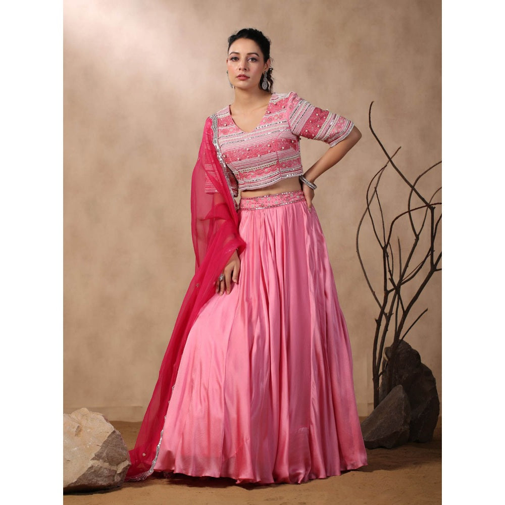 Palak Khandelwal Pink Embroidered Skirt with Blouse and Dupatta (Set of 3)