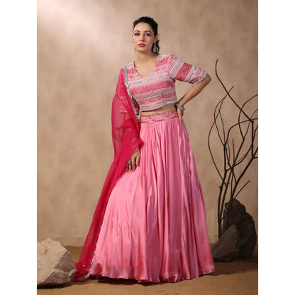 Palak Khandelwal Pink Embroidered Skirt with Blouse and Dupatta (Set of 3)