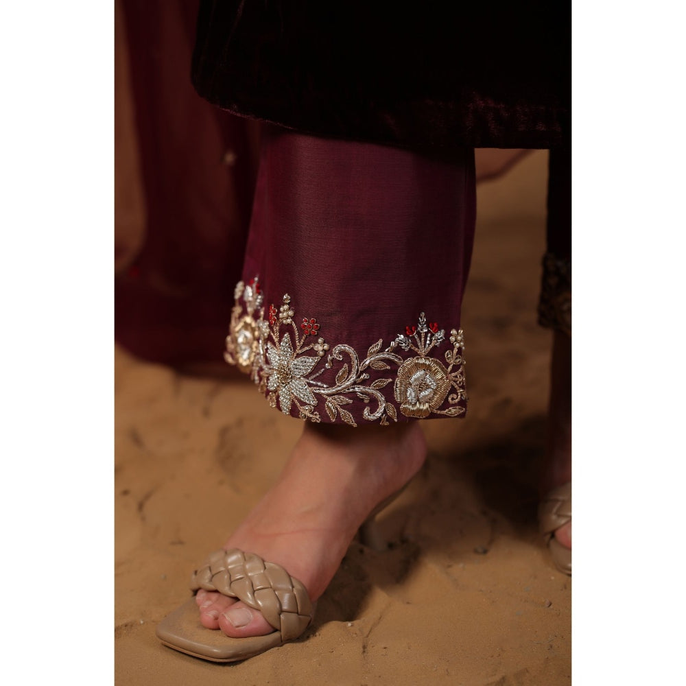 Palak Khandelwal Wine Velvet Suit with Hand Embroidered Pants and Dupatta (Set of 3)