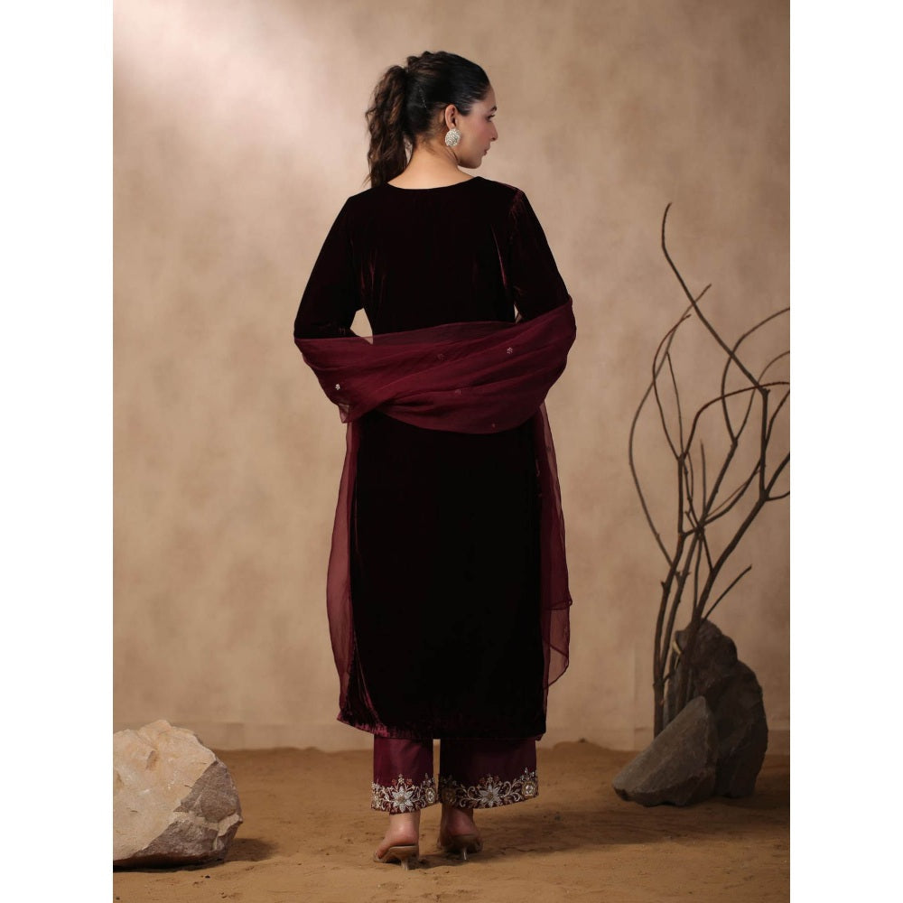 Palak Khandelwal Wine Velvet Suit with Hand Embroidered Pants and Dupatta (Set of 3)