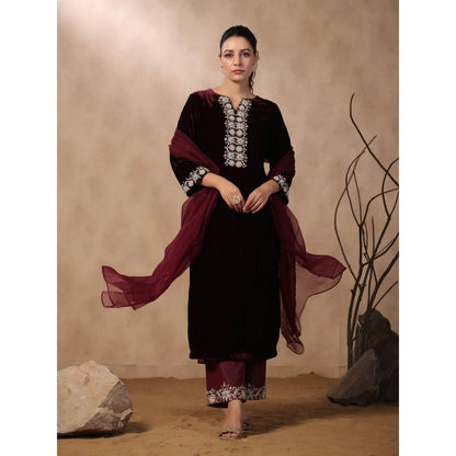 Palak Khandelwal Wine Velvet Suit with Hand Embroidered Pants and Dupatta (Set of 3)