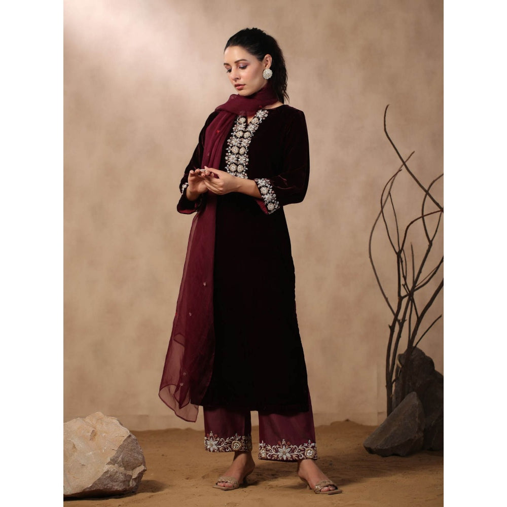 Palak Khandelwal Wine Velvet Suit with Hand Embroidered Pants and Dupatta (Set of 3)
