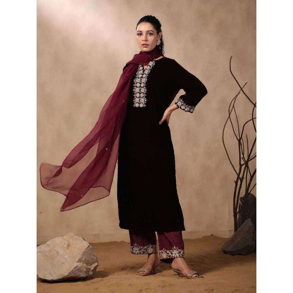 Palak Khandelwal Wine Velvet Suit with Hand Embroidered Pants and Dupatta (Set of 3)