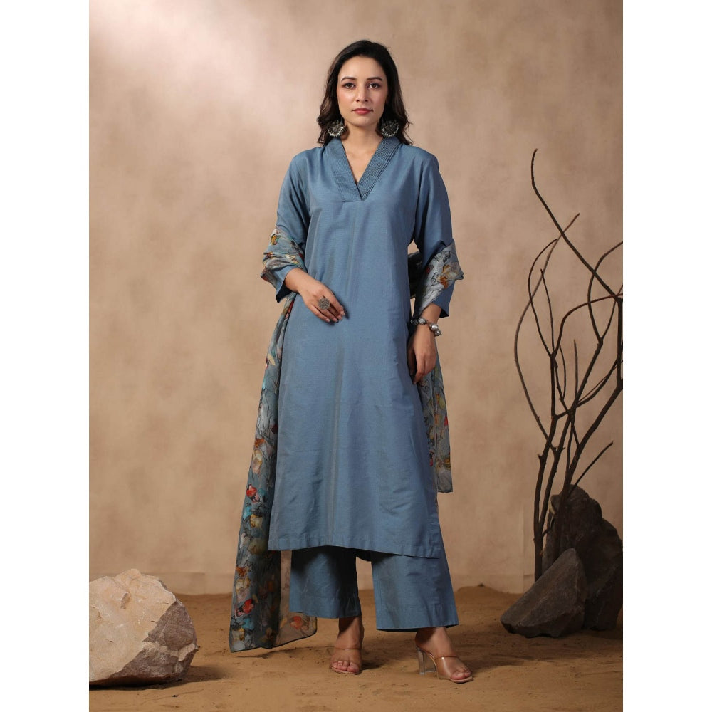 Palak Khandelwal Denim Blue Kurta Paired with Pants and Printed Dupatta (Set of 3)