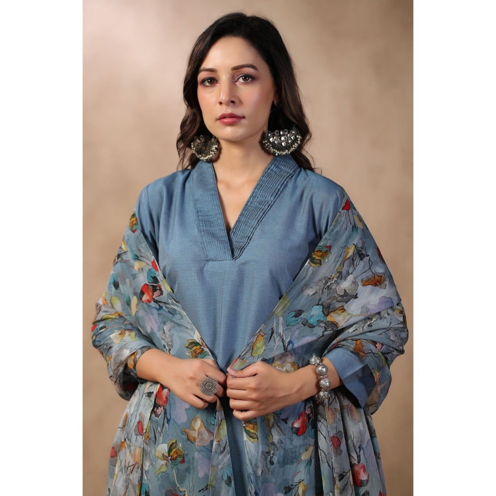 Palak Khandelwal Denim Blue Kurta Paired with Pants and Printed Dupatta (Set of 3)