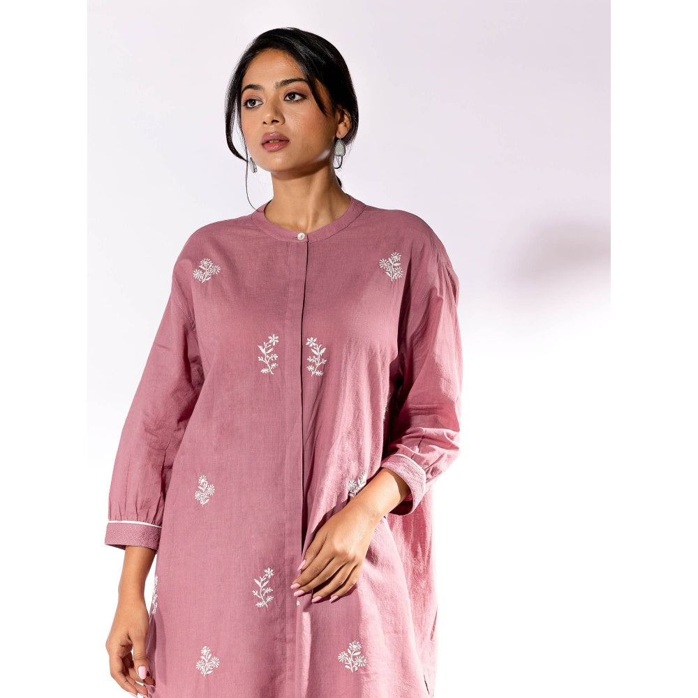 PANTS AND PAJAMAS Pink Chikan Cotton Kurta Shirt & Salwar (Set of 2)