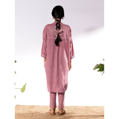 PANTS AND PAJAMAS Pink Chikan Cotton Kurta Shirt & Salwar (Set of 2)