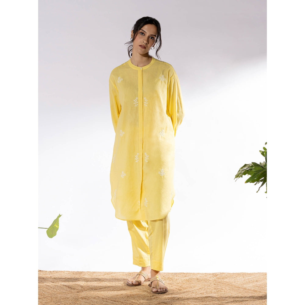 PANTS AND PAJAMAS Yellow Chikan Cotton Kurta Shirt & Salwar (Set of 2)