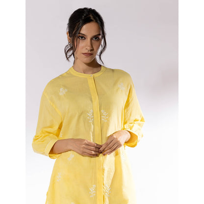 PANTS AND PAJAMAS Yellow Chikan Cotton Kurta Shirt & Salwar (Set of 2)