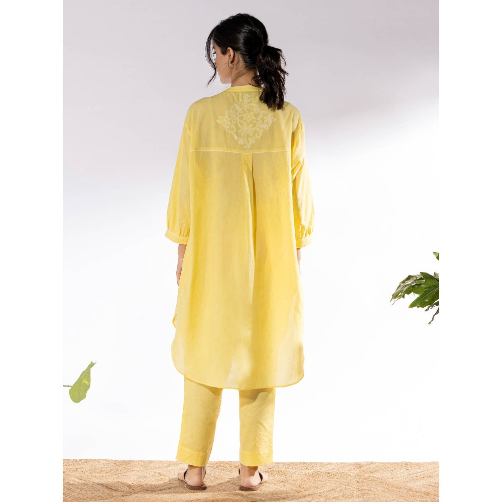 PANTS AND PAJAMAS Yellow Chikan Cotton Kurta Shirt & Salwar (Set of 2)