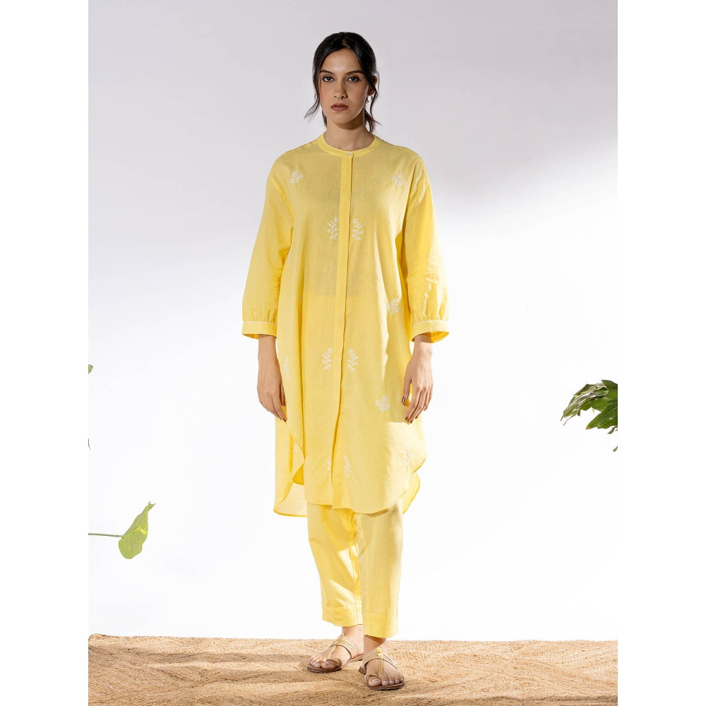 PANTS AND PAJAMAS Yellow Chikan Cotton Kurta
