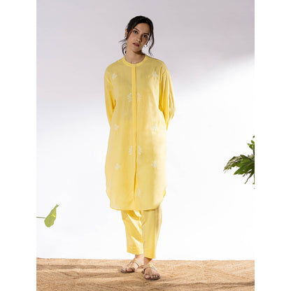 PANTS AND PAJAMAS Yellow Chikan Cotton Kurta