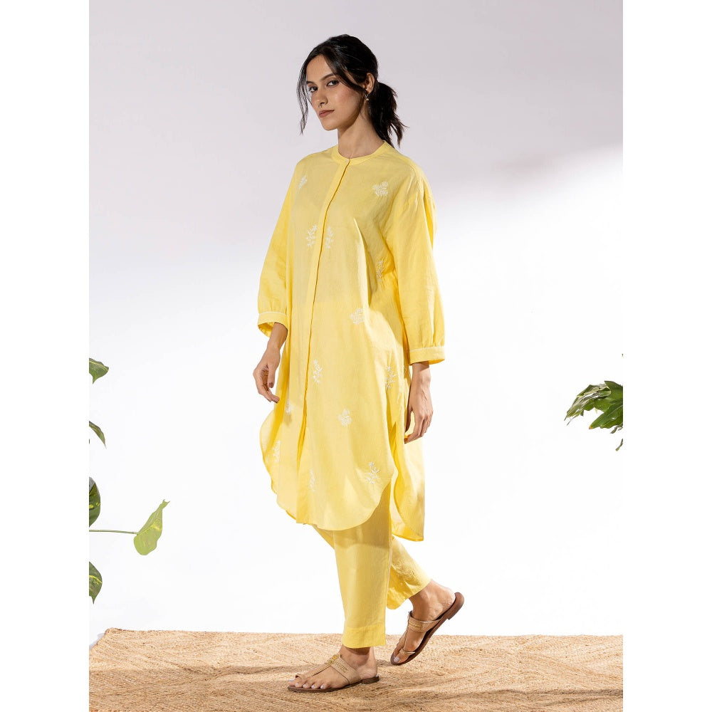 PANTS AND PAJAMAS Yellow Chikan Cotton Kurta