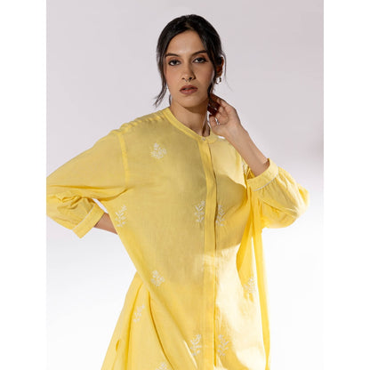 PANTS AND PAJAMAS Yellow Chikan Cotton Kurta