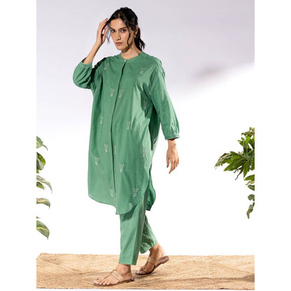 PANTS AND PAJAMAS Green Chikan Cotton Kurta Shirt & Salwar (Set of 2)