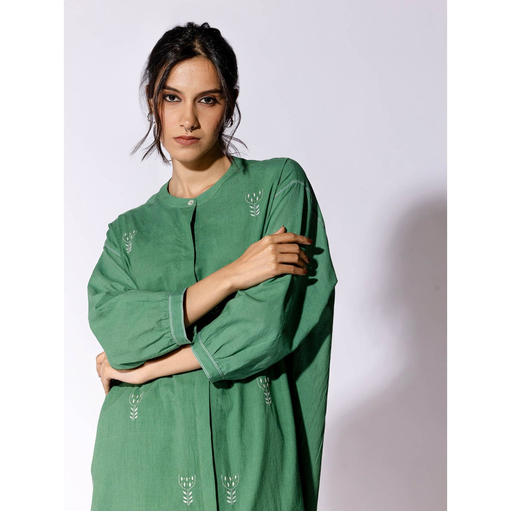 PANTS AND PAJAMAS Green Chikan Cotton Kurta Shirt & Salwar (Set of 2)