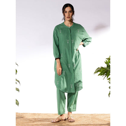 PANTS AND PAJAMAS Green Chikan Cotton Kurta