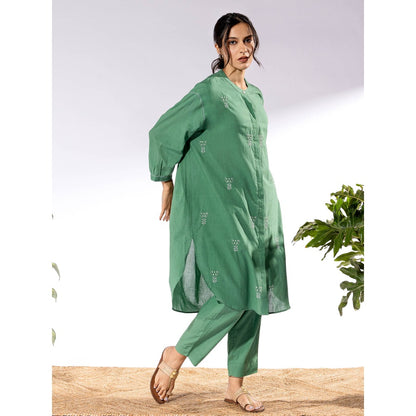 PANTS AND PAJAMAS Green Chikan Cotton Kurta