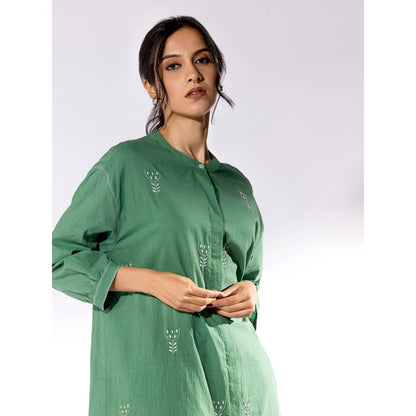PANTS AND PAJAMAS Green Chikan Cotton Kurta