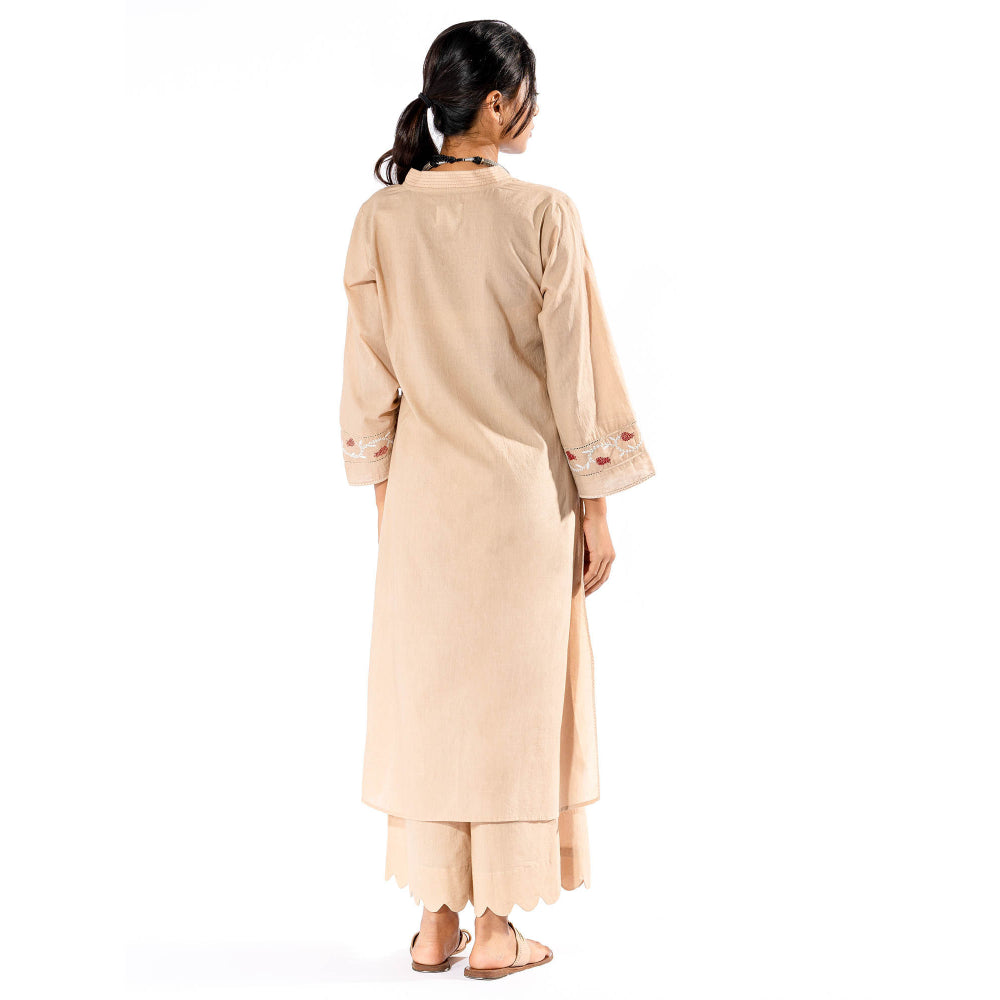 PANTS AND PAJAMAS Beige Chikan Cotton Kurta & Palazzo (Set of 2)