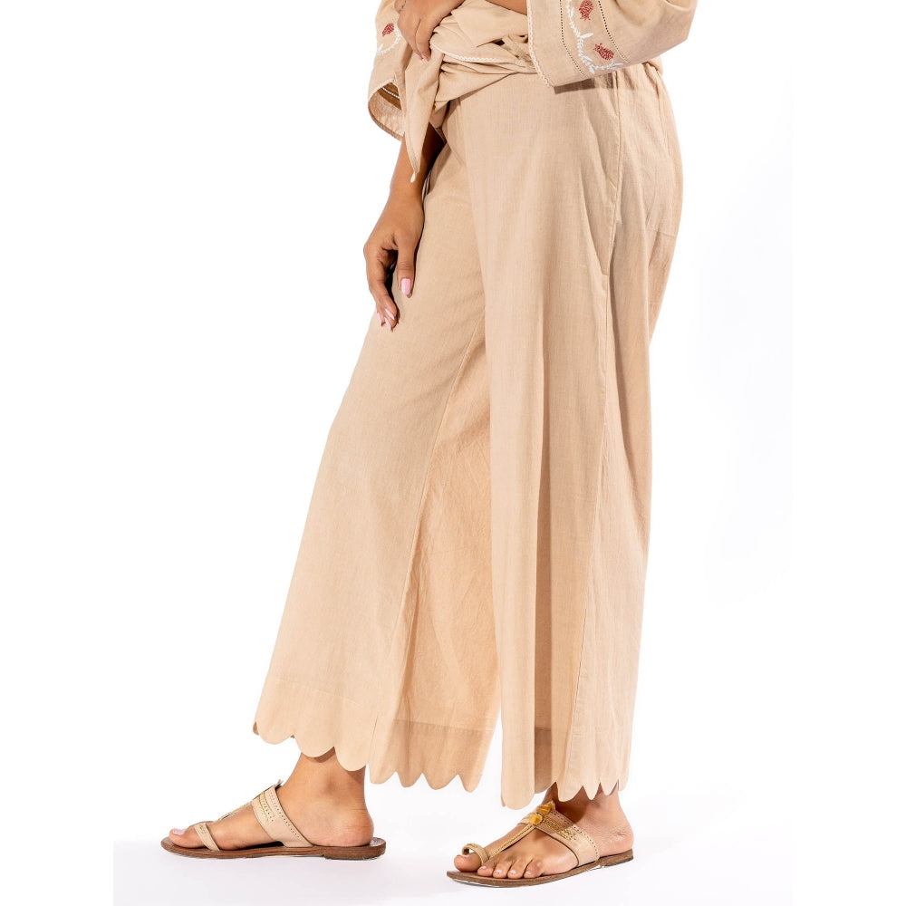 PANTS AND PAJAMAS Beige Chikan Cotton Kurta & Palazzo (Set of 2)