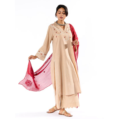 PANTS AND PAJAMAS Beige Chikan Cotton Kurta & Palazzo (Set of 2)