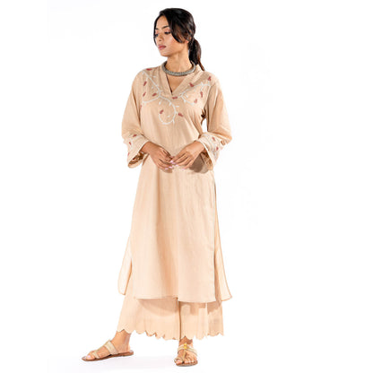 PANTS AND PAJAMAS Beige Chikan Cotton Kurta