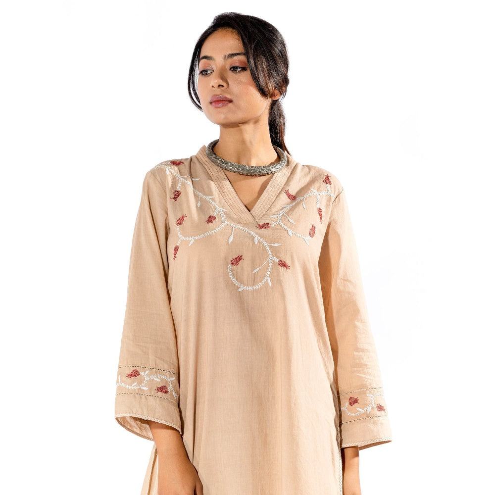 PANTS AND PAJAMAS Beige Chikan Cotton Kurta