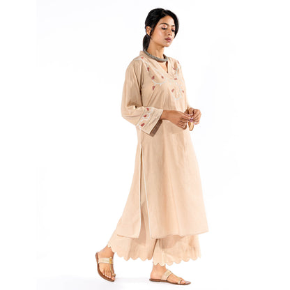 PANTS AND PAJAMAS Beige Chikan Cotton Kurta