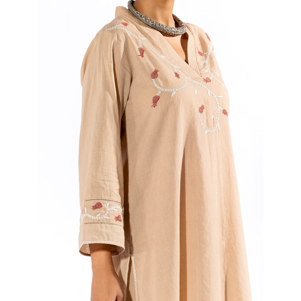 PANTS AND PAJAMAS Beige Chikan Cotton Kurta