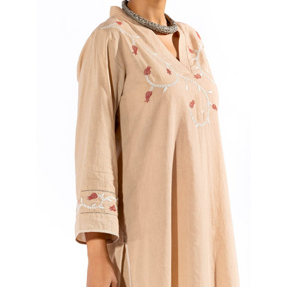 PANTS AND PAJAMAS Beige Chikan Cotton Kurta