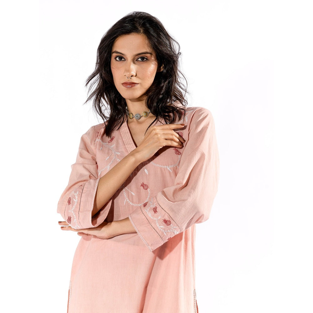 PANTS AND PAJAMAS Peach Chikan Cotton Kurta & Palazzo (Set of 2)