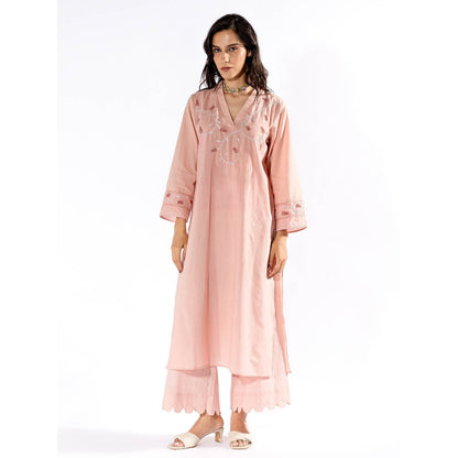 PANTS AND PAJAMAS Peach Chikan Cotton Kurta