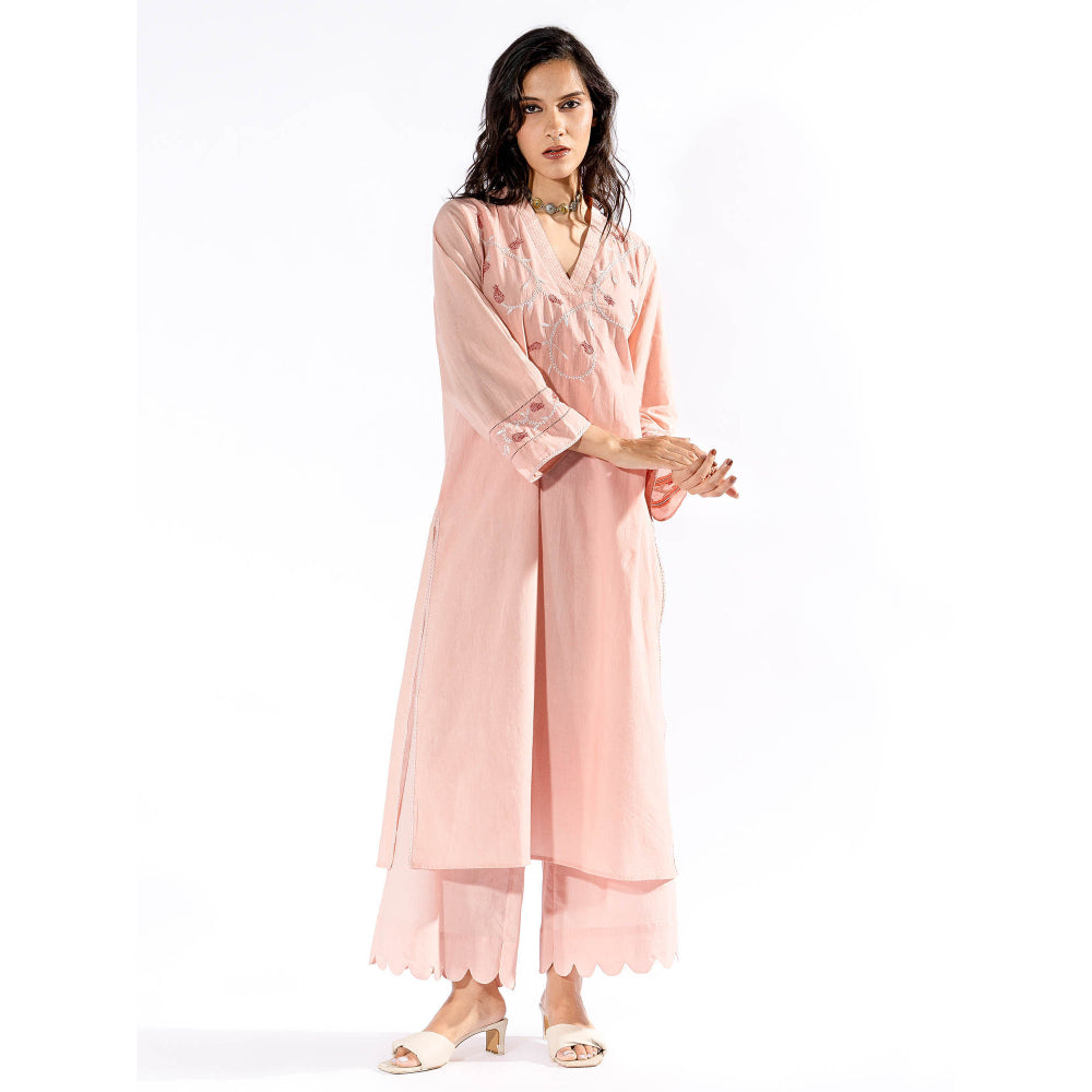PANTS AND PAJAMAS Peach Chikan Cotton Kurta