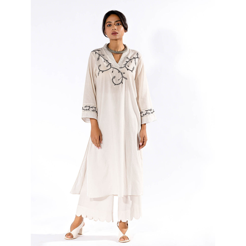 PANTS AND PAJAMAS White Chikan Cotton Kurta & Palazzo (Set of 2)