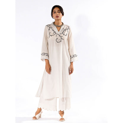 PANTS AND PAJAMAS White Chikan Cotton Kurta & Palazzo (Set of 2)