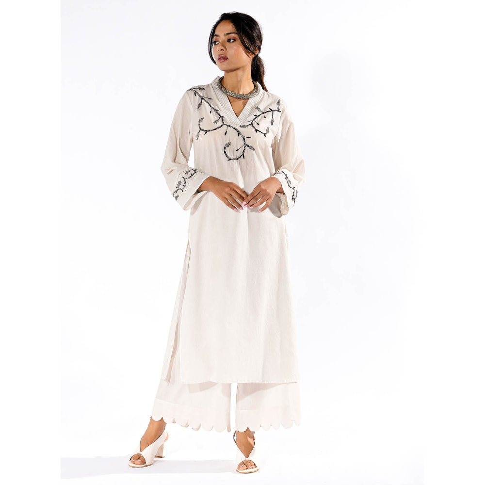 PANTS AND PAJAMAS White Chikan Cotton Kurta & Palazzo (Set of 2)