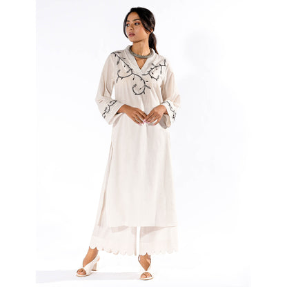 PANTS AND PAJAMAS White Chikan Cotton Kurta & Palazzo (Set of 2)