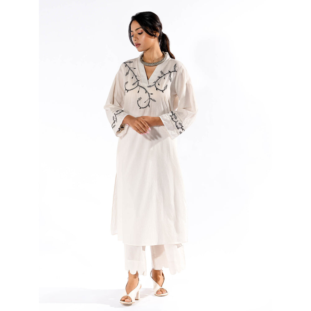 PANTS AND PAJAMAS White Chikan Cotton Kurta & Palazzo (Set of 2)