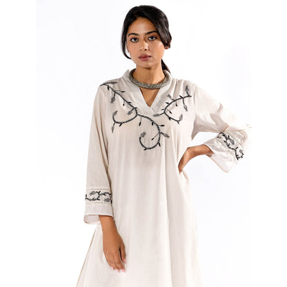 PANTS AND PAJAMAS White Chikan Cotton Kurta & Palazzo (Set of 2)